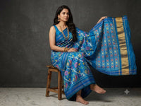 Multicolored Blue Pochampally Ikkat Dola Silk Printed Saree