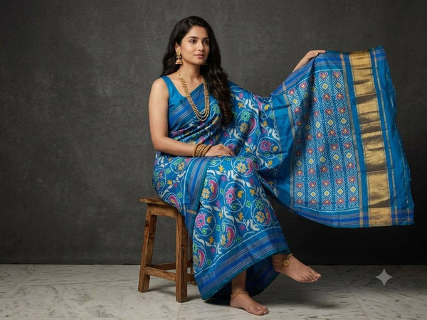 Multicolored Blue Pochampally Ikkat Dola Silk Printed Saree