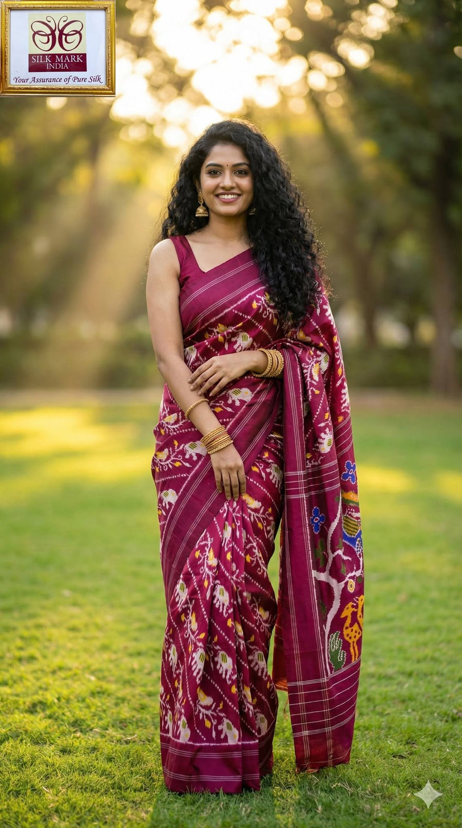 Wine Red Pochampally Ikkat Dola Silk Printed Saree