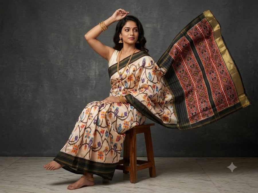 Multicolored Cream And Dark Green Pochampally Ikkat Dola Silk Printed Saree