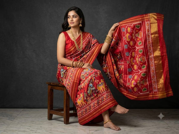 Red And Gold Pochampally Ikkat Dola Silk Printed Saree