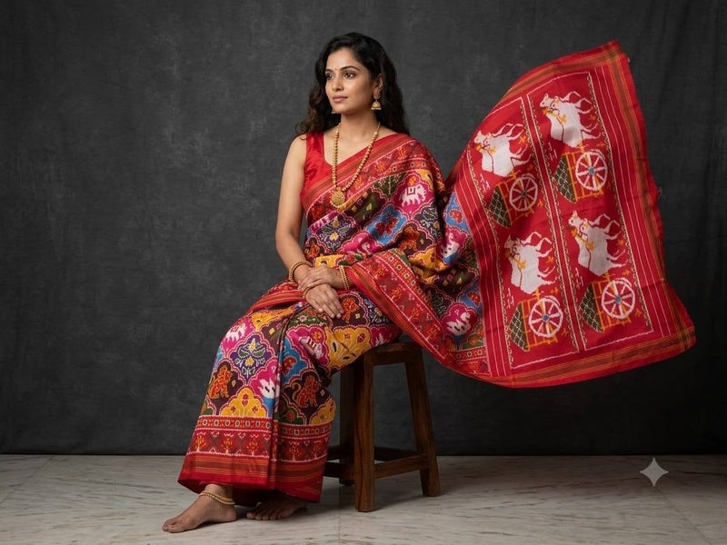 Multicolored Red And Yellow Pochampally Ikkat Dola Silk Printed Saree