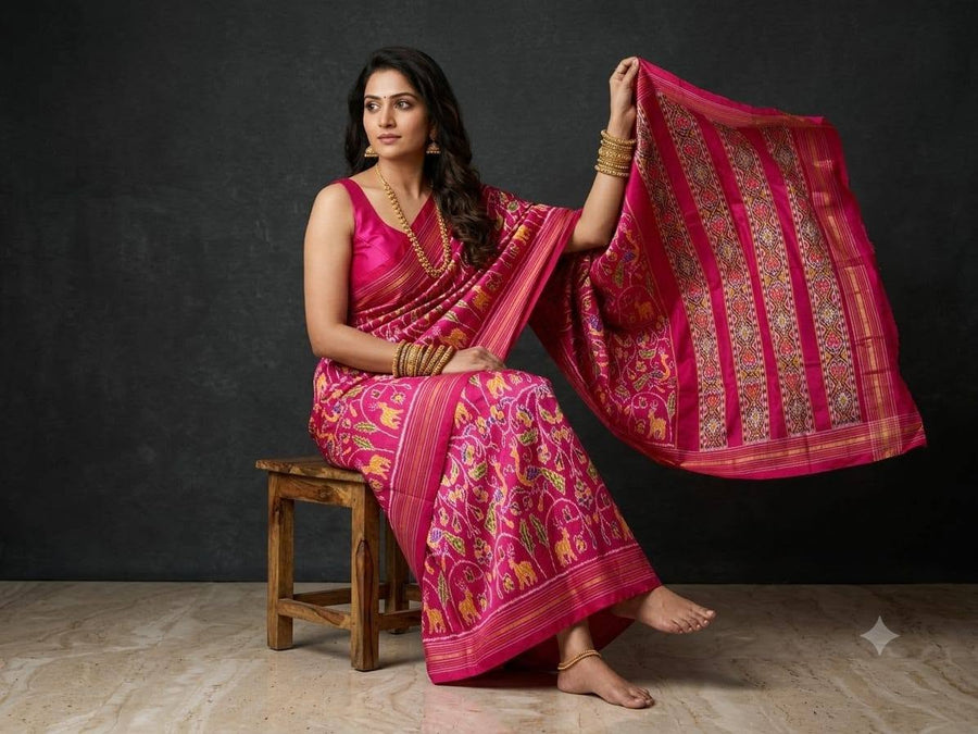 Magenta Pink Pochampally Ikkat Dola Silk Printed Saree