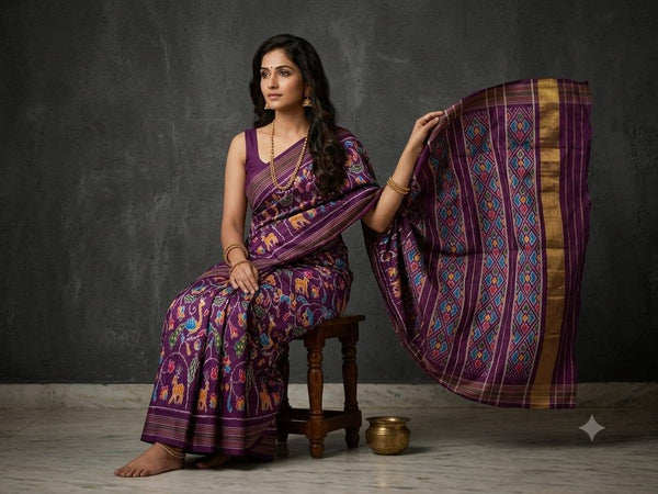 Plum Violet Pochampally Ikkat Dola Silk Printed Saree