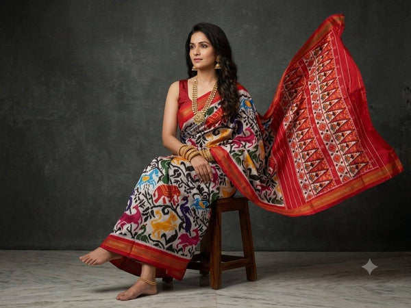 Multicolored White And Red Pochampally Ikkat Dola Silk Printed Saree