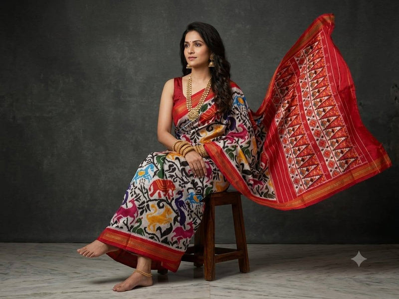 Multicolored White And Red Pochampally Ikkat Dola Silk Printed Saree