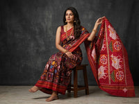 Wine Red And Brown Pochampally Ikkat Dola Silk Printed Saree