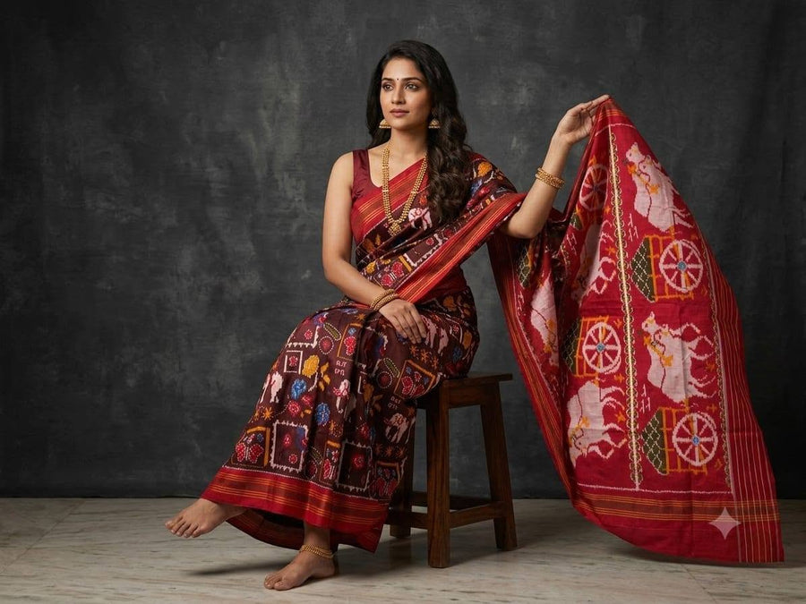 Wine Red And Brown Pochampally Ikkat Dola Silk Printed Saree