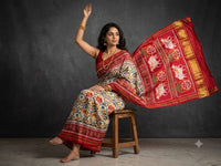 Off-White And Red Pochampally Ikkat Dola Silk Printed Saree