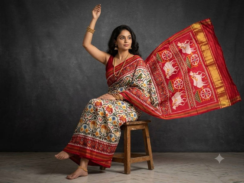 Off-White And Red Pochampally Ikkat Dola Silk Printed Saree