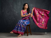 Multicolored Blue And Pink Pochampally Ikkat Dola Silk Printed Saree