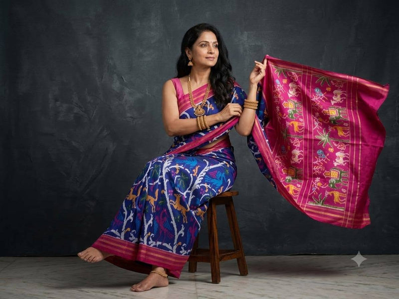 Multicolored Blue And Pink Pochampally Ikkat Dola Silk Printed Saree