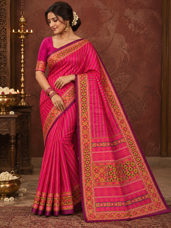 Hot Pink Pochampally Ikkat Dola Silk Printed Saree