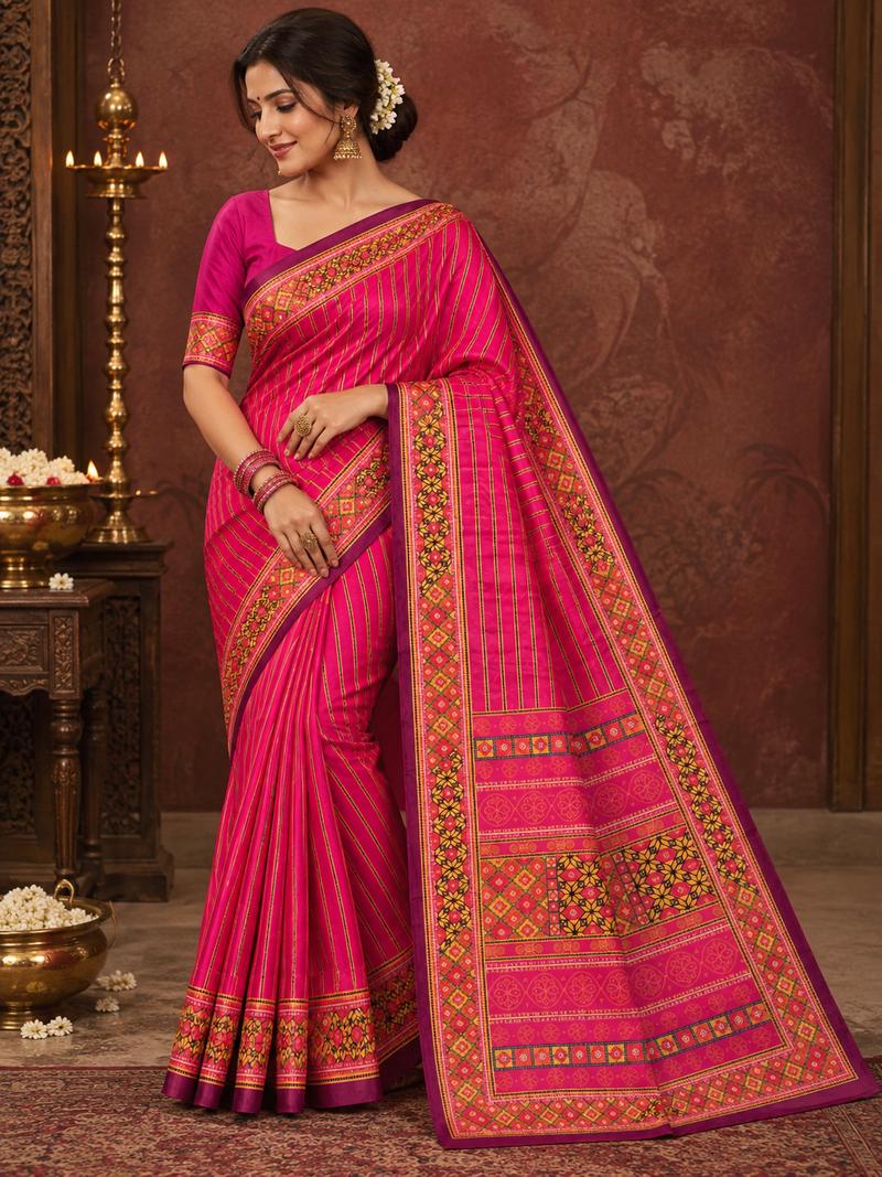 Hot Pink Pochampally Ikkat Dola Silk Printed Saree