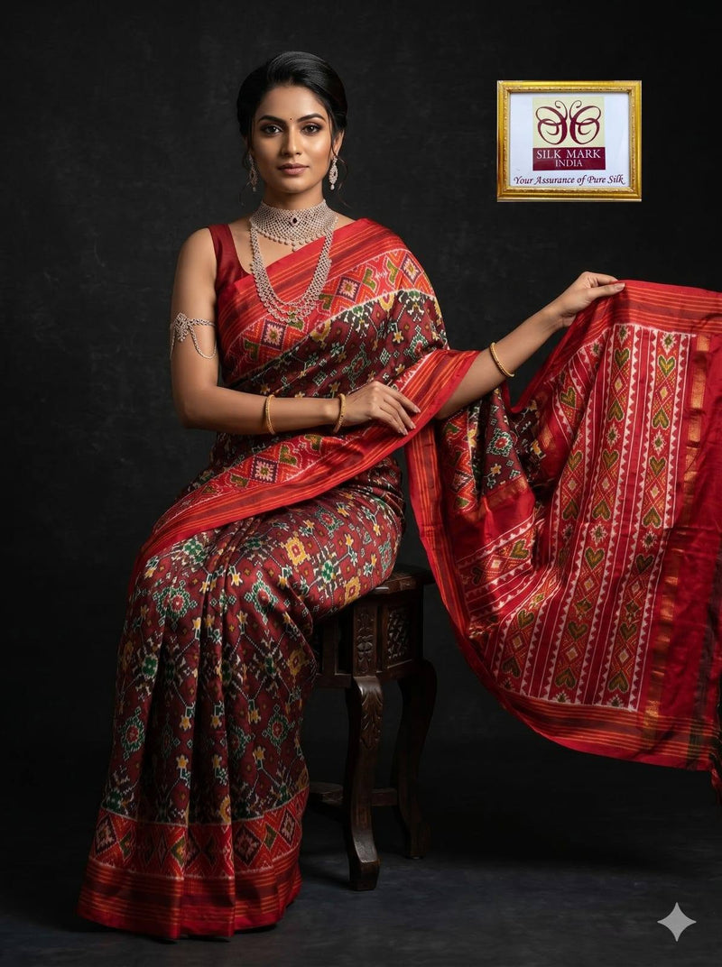 Maroon Pochampally Ikkat Dola Silk Printed Saree