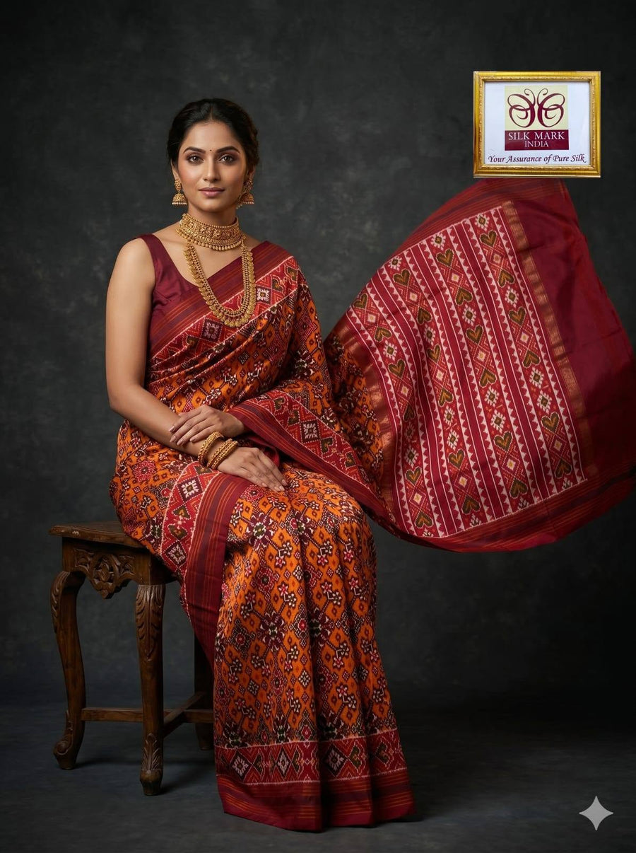 Rust Red Pochampally Ikkat Dola Silk Printed Saree