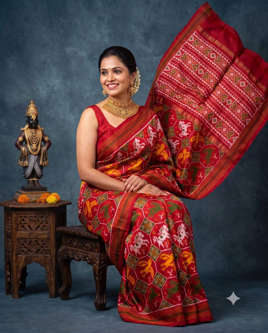 Bright Red Pochampally Ikkat Dola Silk Printed Saree
