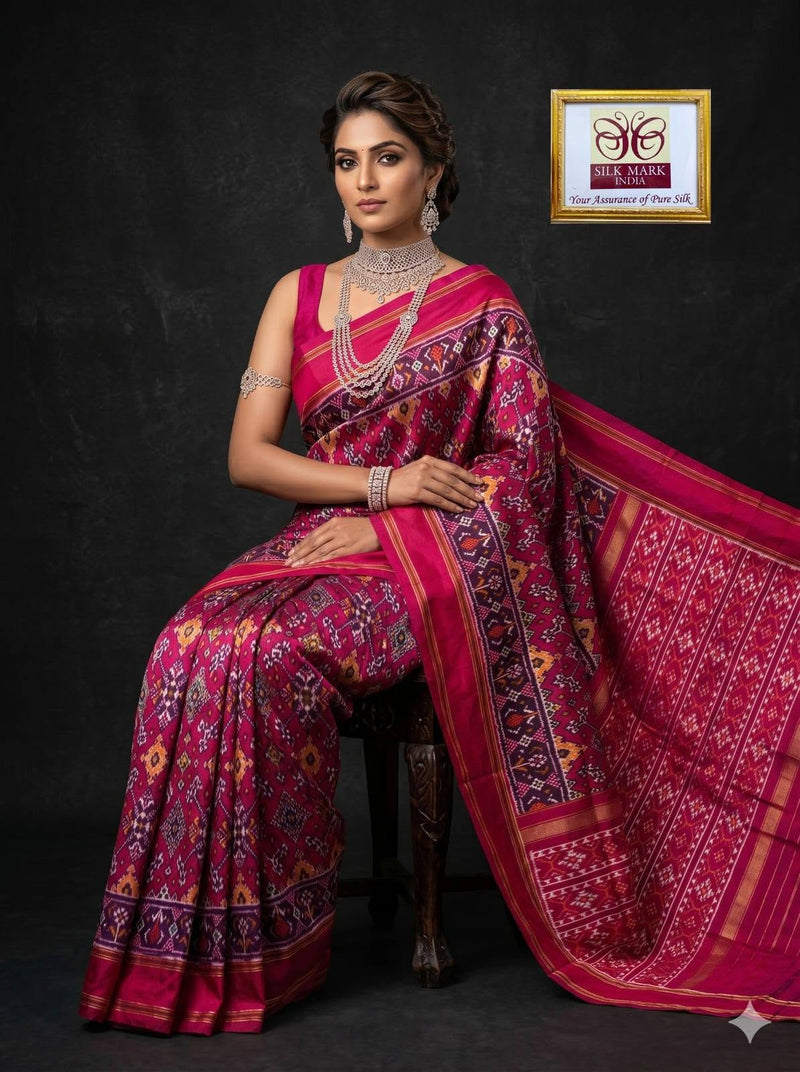 Magenta Fuchsia Pochampally Ikkat Dola Silk Printed Saree