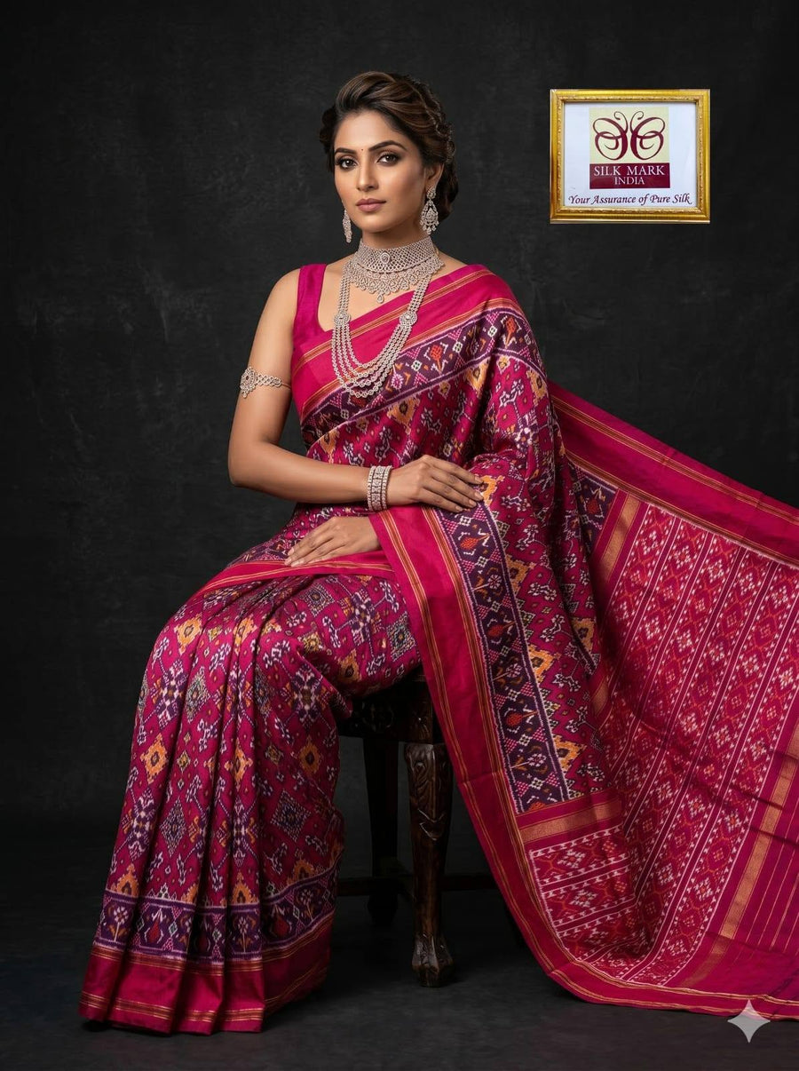 Magenta Fuchsia Pochampally Ikkat Dola Silk Printed Saree