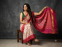 Ivory White Pochampally Ikkat Dola Silk Printed Saree