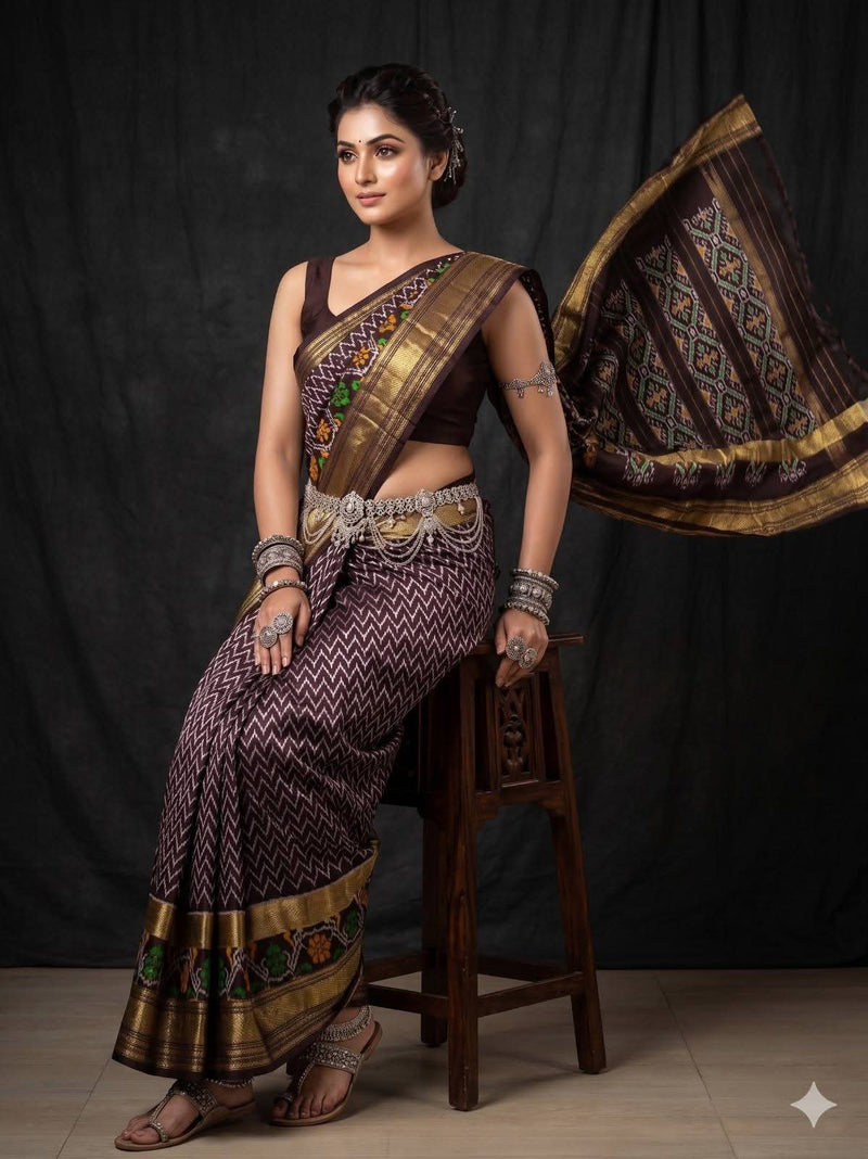 Wine Chevron Geometric Dola Silk Printed Saree | With Blouse Piece