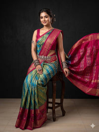 Teal Green Ikat Geometric Dola Silk Printed Saree | With Blouse Piece