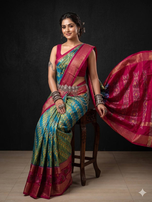 Teal Green Ikat Geometric Dola Silk Printed Saree | With Blouse Piece