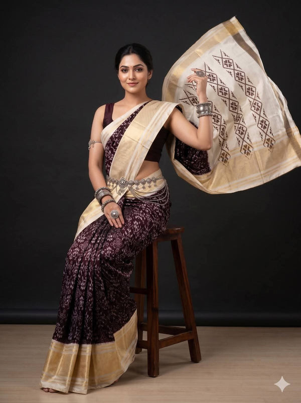 Wine Ikat Geometric Dola Silk Printed Saree | With Blouse Piece