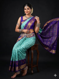 Teal Geometric Ikat Dola Silk Printed Saree | With Blouse Piece