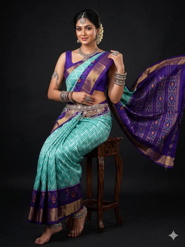 Teal Geometric Ikat Dola Silk Printed Saree | With Blouse Piece
