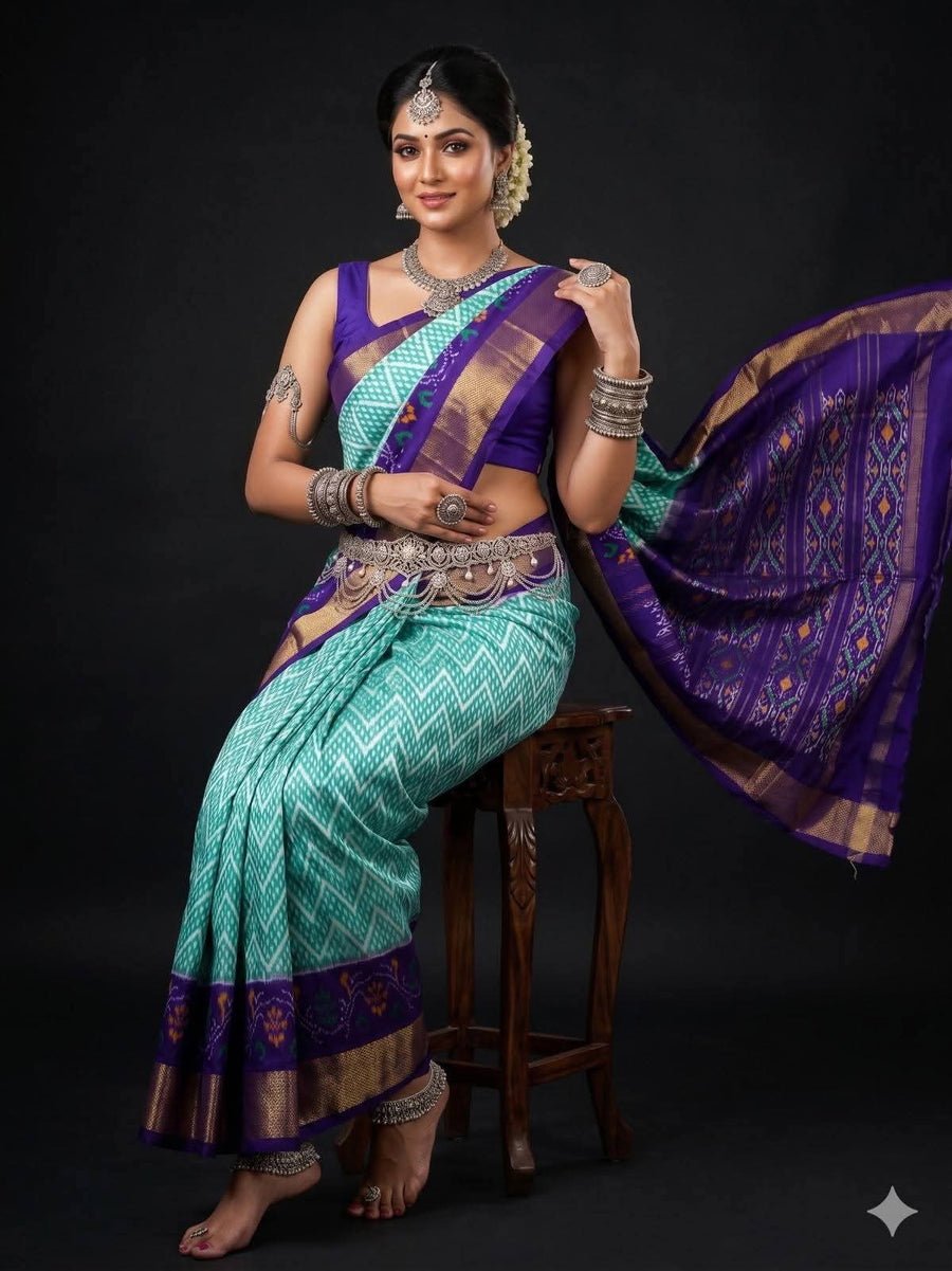 Teal Geometric Ikat Dola Silk Printed Saree | With Blouse Piece