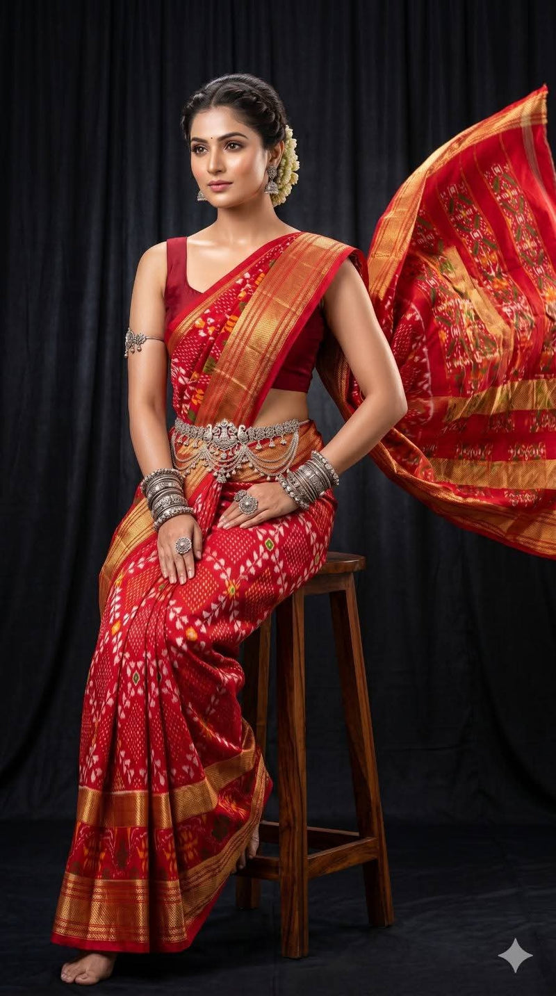 Red Ikat Geometric Dola Silk Printed Saree | With Blouse Piece