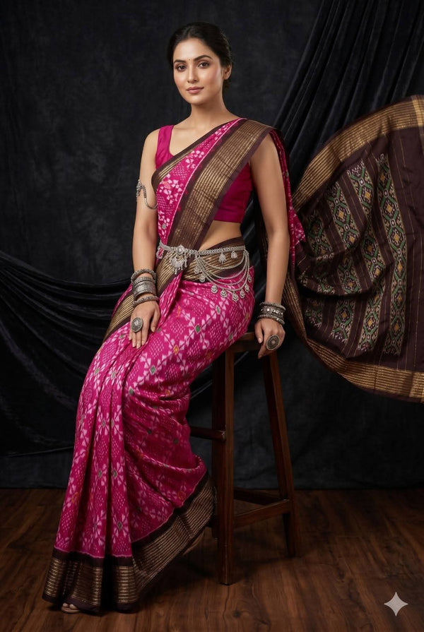 Pink Geometric Ikat Dola Silk Printed Saree | With Blouse Piece