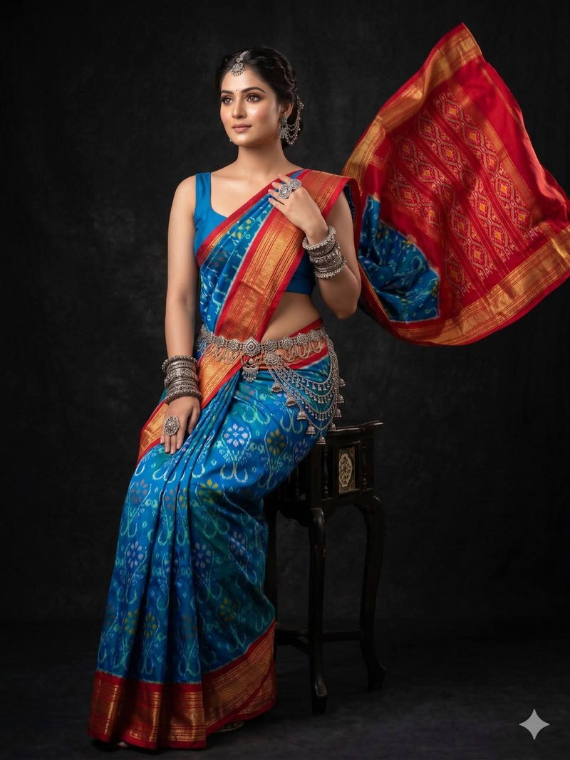 Blue Ikat Geometric Dola Silk Printed Saree | With Blouse Piece