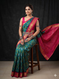 Teal Ikat Geometric Dola Silk Printed Saree | With Blouse Piece