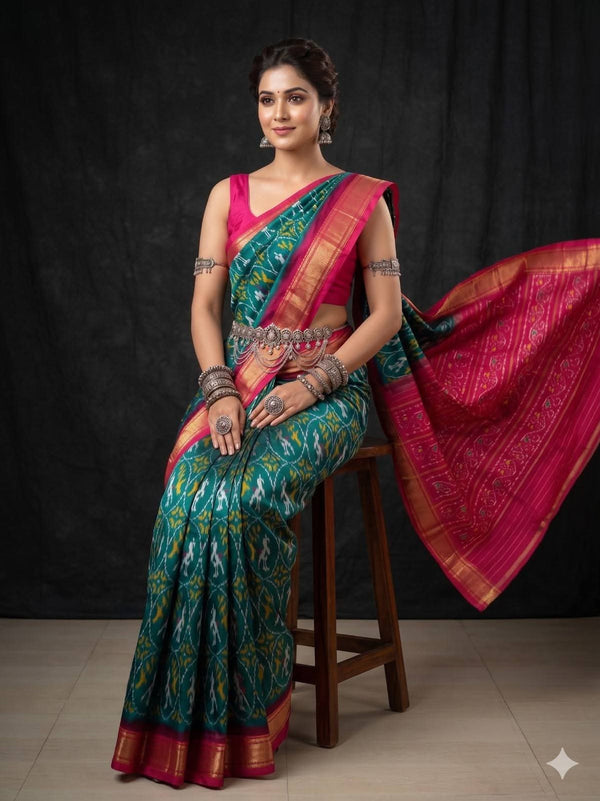 Teal Ikat Geometric Dola Silk Printed Saree | With Blouse Piece
