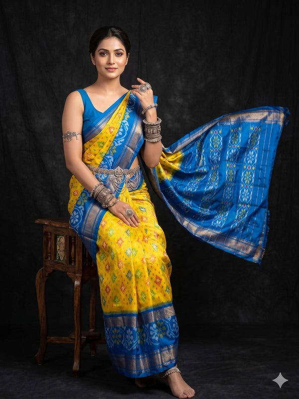 Yellow Ikat Geometric Dola Silk Printed Saree | With Blouse Piece