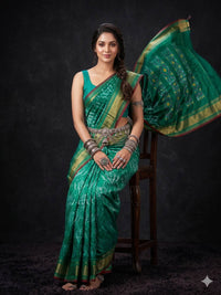 Teal Green Ikat Print Dola Silk Printed Saree | With Blouse Piece