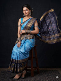Sky Blue Ikat Geometric Dola Silk Printed Saree | With Blouse Piece