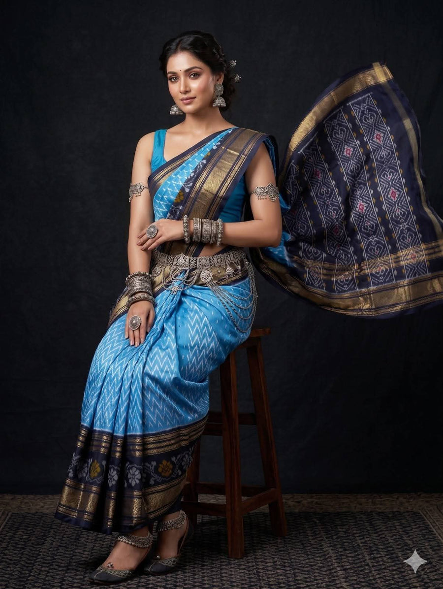 Sky Blue Ikat Geometric Dola Silk Printed Saree | With Blouse Piece