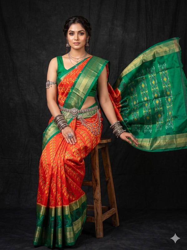 Orange Ikat Geometric Dola Silk Printed Saree | With Blouse Piece
