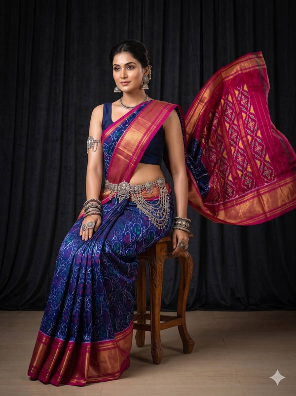 Navy Blue Ikat Geometric Dola Silk Printed Saree | With Blouse Piece