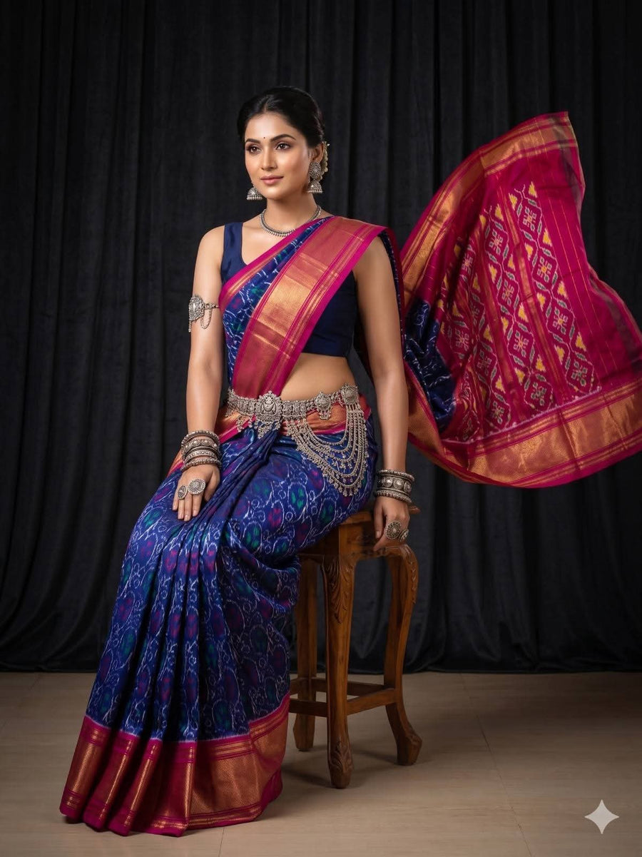 Navy Blue Ikat Geometric Dola Silk Printed Saree | With Blouse Piece