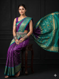 Purple Ikat Geometric Dola Silk Printed Saree | With Blouse Piece