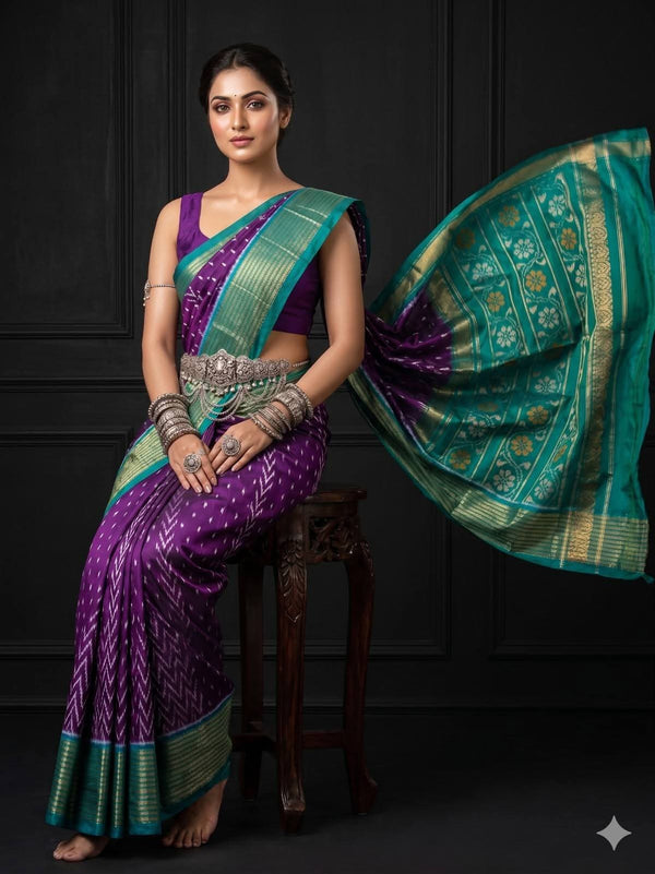 Purple Ikat Geometric Dola Silk Printed Saree | With Blouse Piece