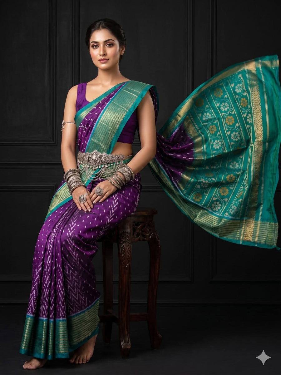 Purple Ikat Geometric Dola Silk Printed Saree | With Blouse Piece