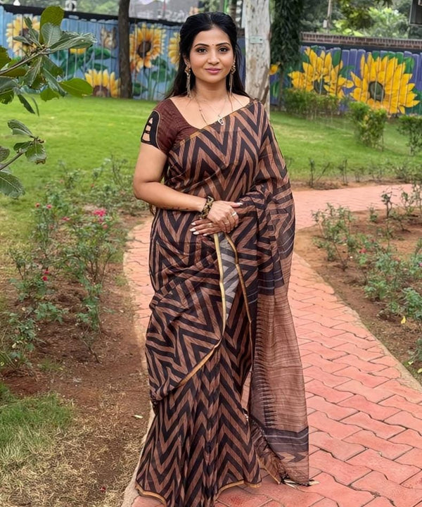 Linen Cotton Saree with Gold Jari Border