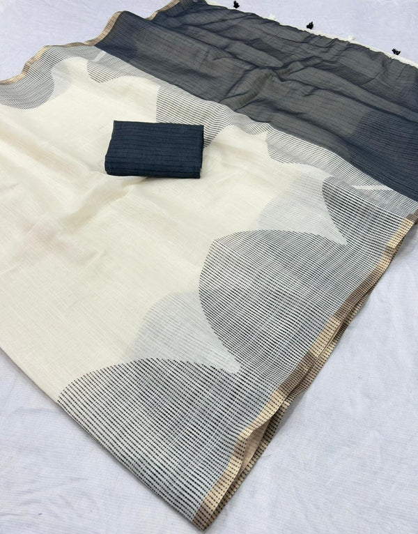 Linen Cotton Gold Jari Border Saree