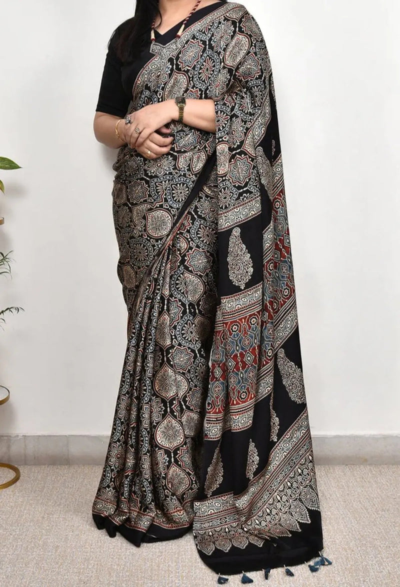 Black Ajrakh Modal Silk Saree