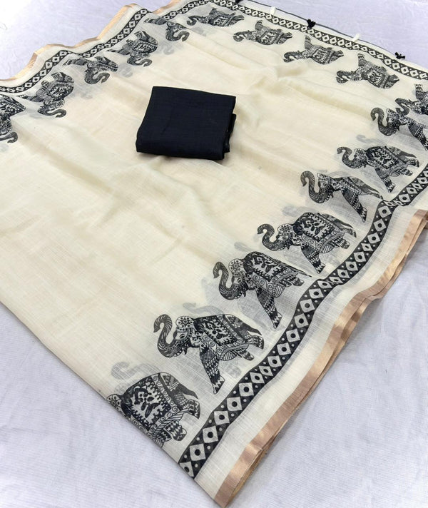 Linen Cotton Saree with Gold Jari Border